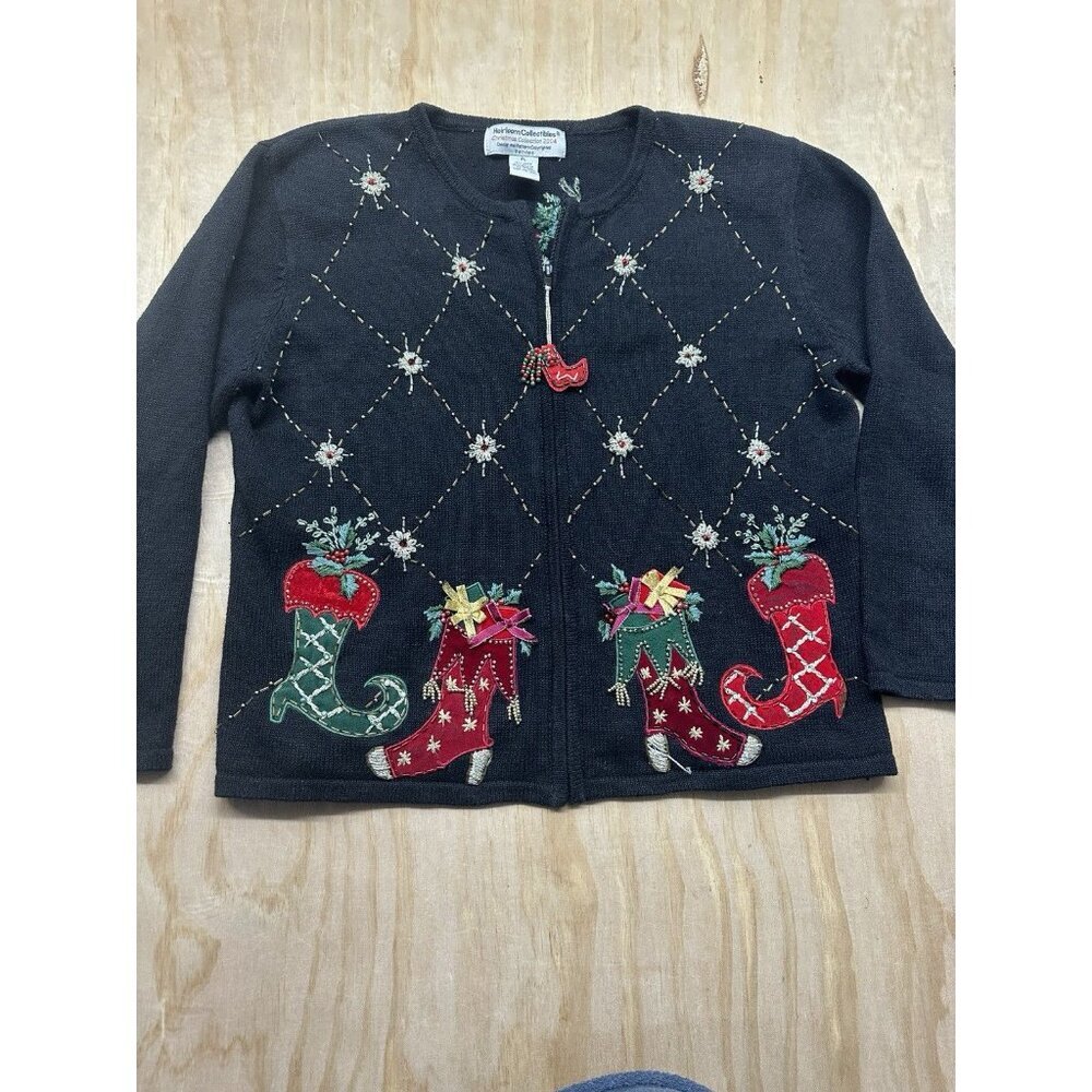 Heirloom Collectibles Women’s Size Petite L Christmas‎ Stockings Sweater Beaded